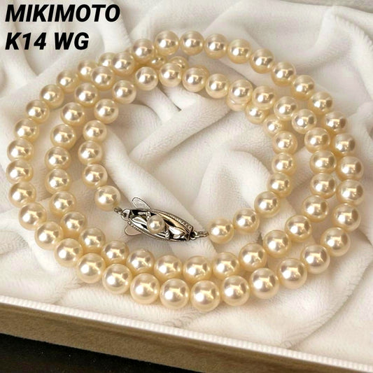MIKIMOTO K14WG semi-long Akoya pearl necklace with white pearls and white gold clasp, 55cm length