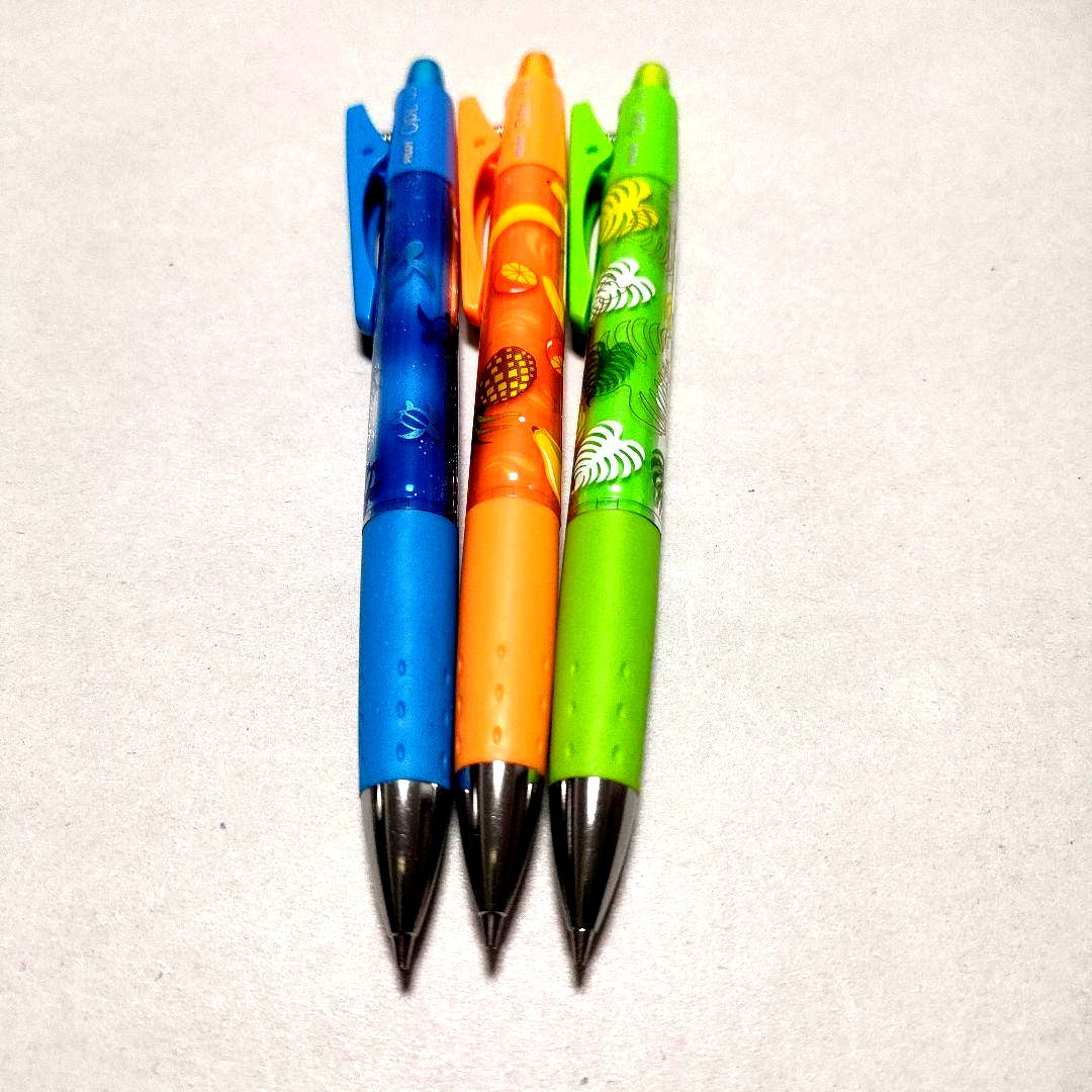 Set of 3 PILOT Opt mechanical pencils with Hawaiian Fruit, Monstera, and Honu patterns from the Aloha Collection