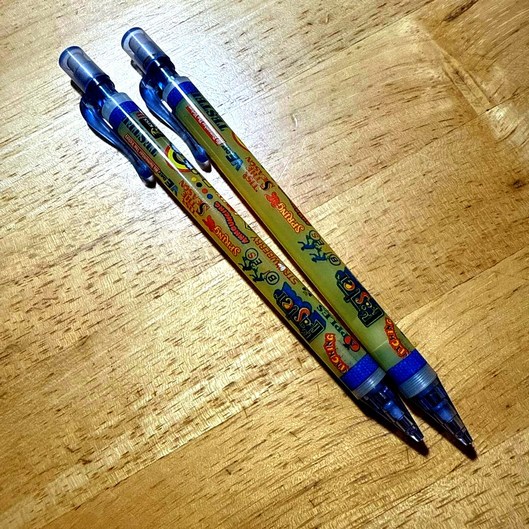 PILOT mechanical pencil in yellow with blue clip featuring a colorful fruit motif design