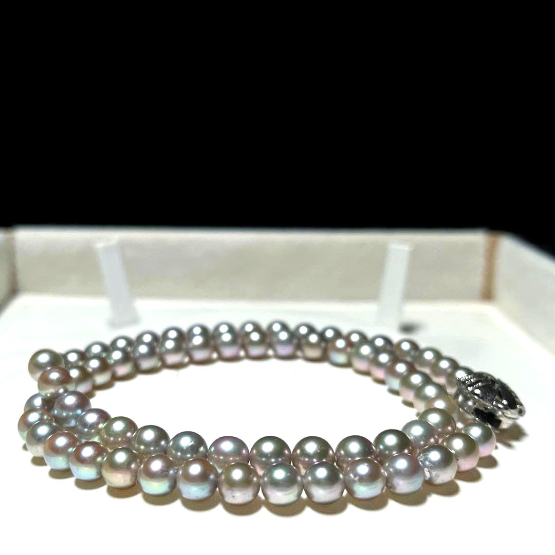 Gray Akoya pearl necklace 6.0-6.4mm round pearls 43 cm length with silver stamp