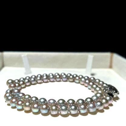 Gray Akoya pearl necklace 6.0-6.4mm round pearls 43 cm length with silver stamp