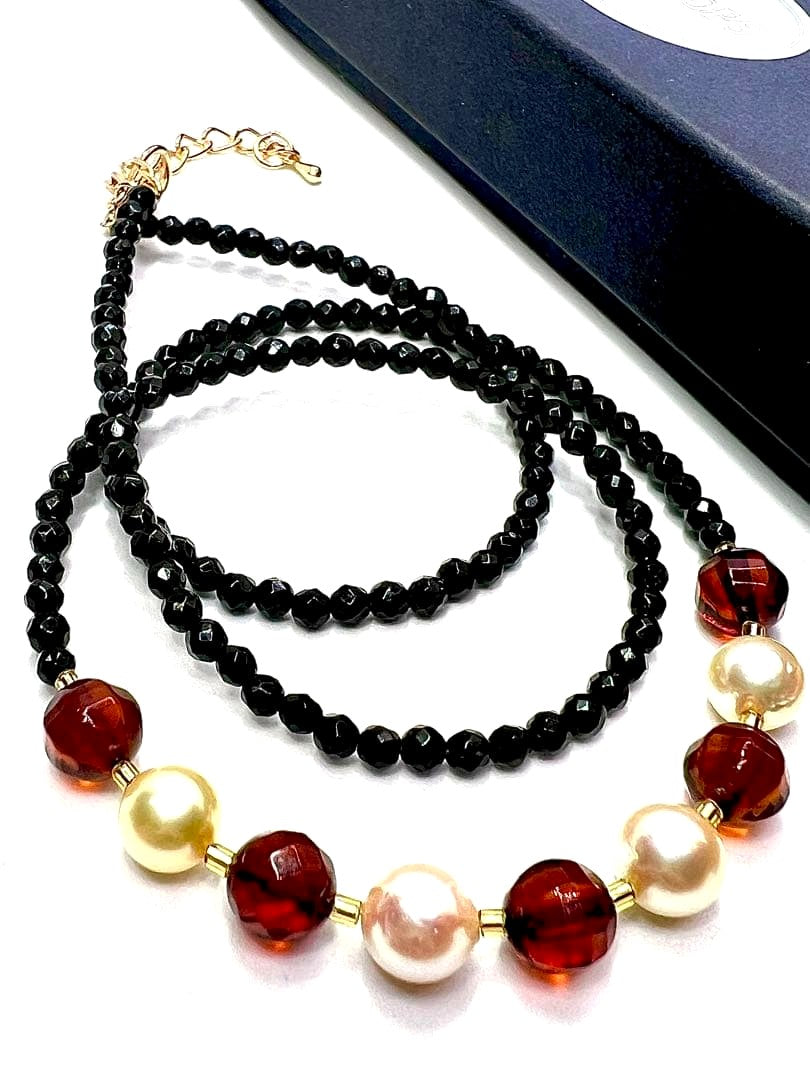 Amber and Akoya pearl gold necklace with black tourmaline beads, 48cm adjustable length