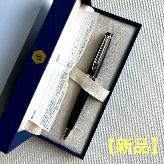 Waterman ballpoint pen in matte black with silver accents displayed with its box