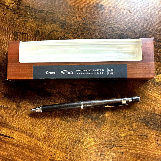 PILOT S30 mechanical pencil with 0.5mm lead and wood body shown with its body case