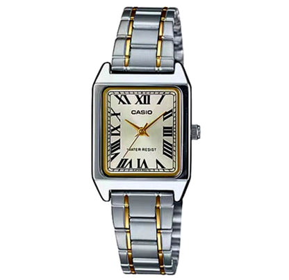 Casio LTP-V007SG-9B analog watch with square silver and gold case and stainless steel band