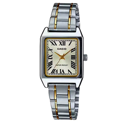 Casio LTP-V007SG-9B analog watch with square silver and gold case and stainless steel band