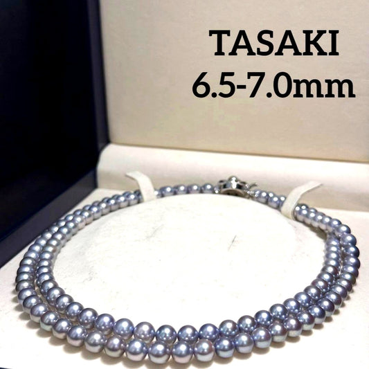 2-row Tasaki Akoya pearl necklace featuring blue gray pearls 6.5-7.0mm with strong luster and 84cm length