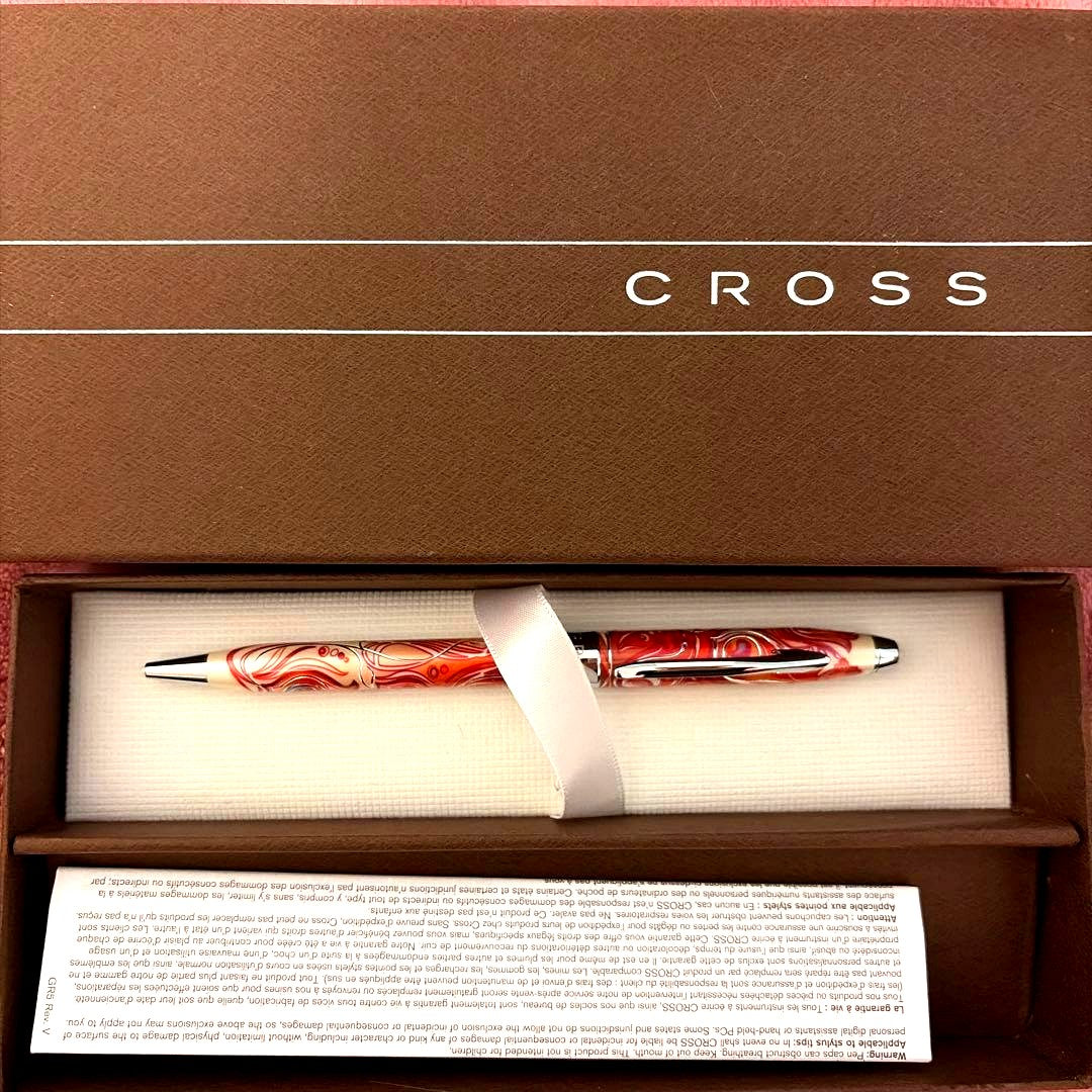 Cross ballpoint pen with pink marble pattern metal body displayed with dedicated box