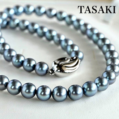 Swanklassup Tasaki Akoya natural blue pearl necklace with 7.5mm pearls displayed on white background
