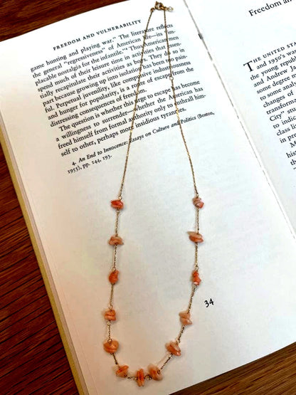 Agete K10 gold necklace with pink coral and freshwater pearl, adjustable length 40 to 45 cm