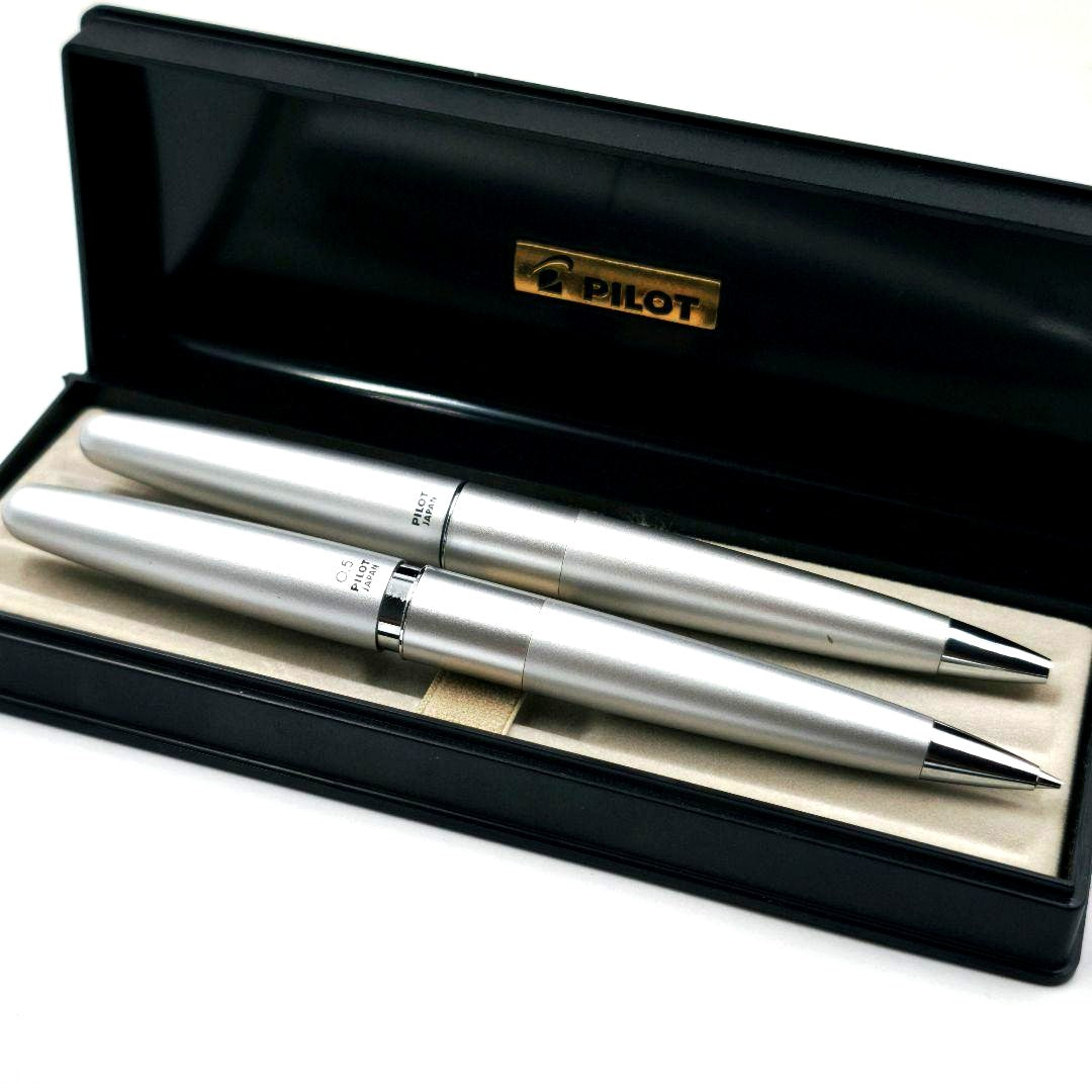 Silver Pilot ballpoint pen and mechanical pencil set with box, full length and lightweight design