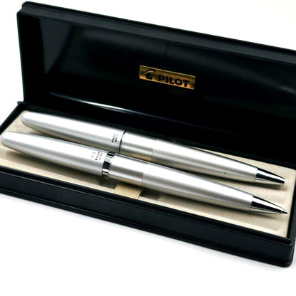 Silver Pilot ballpoint pen and mechanical pencil set with box, full length and lightweight design
