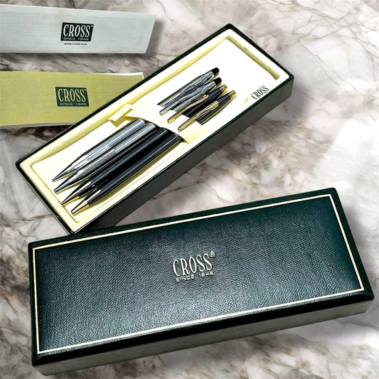 Cross Classic Century silver ballpoint pen set with two pens, two mechanical pencils, original box, and accessories