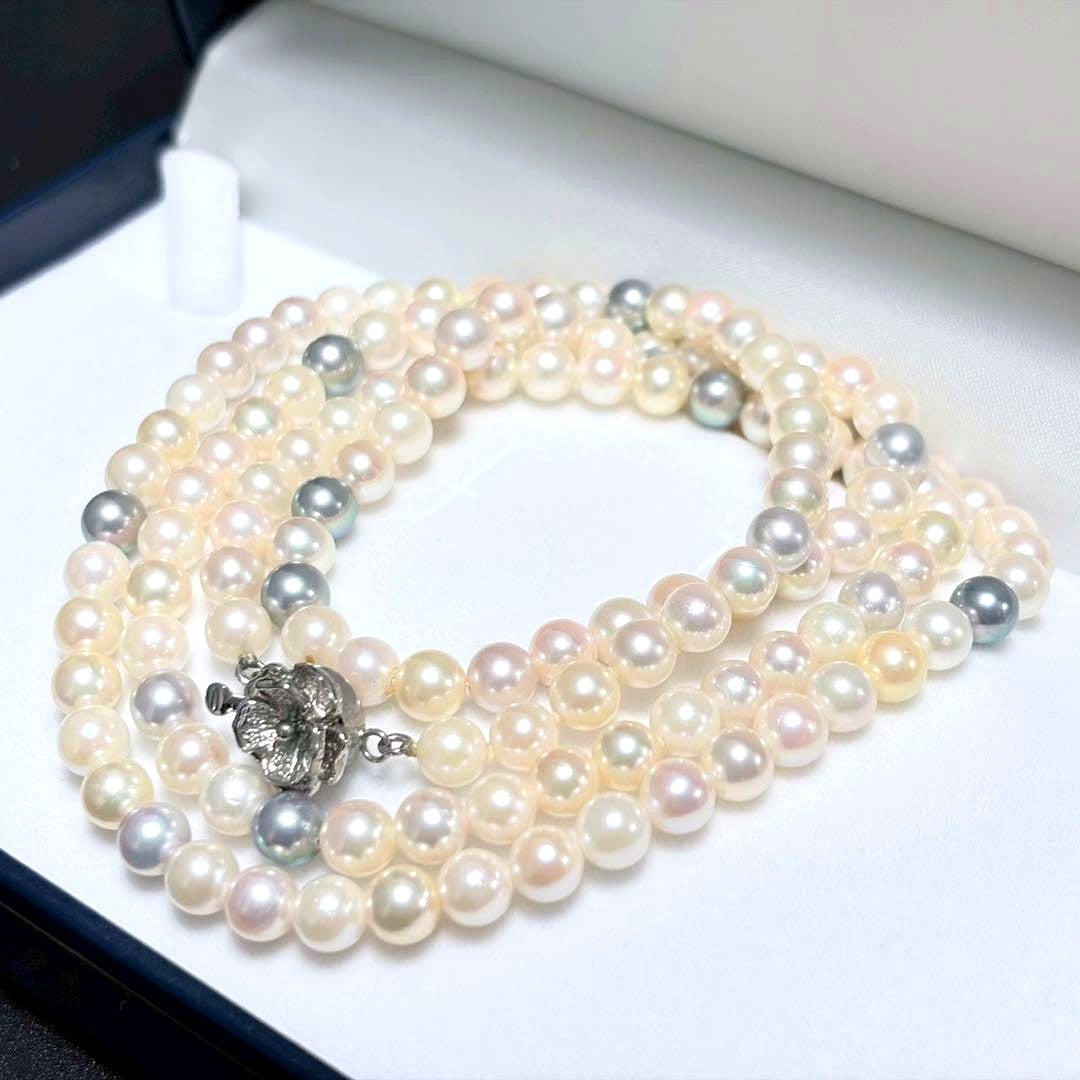Akoya pearl genuine long necklace with 6.4mm white pearls and silver clasp, approximately 85cm long