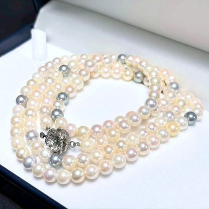 Akoya pearl genuine long necklace with 6.4mm white pearls and silver clasp, approximately 85cm long