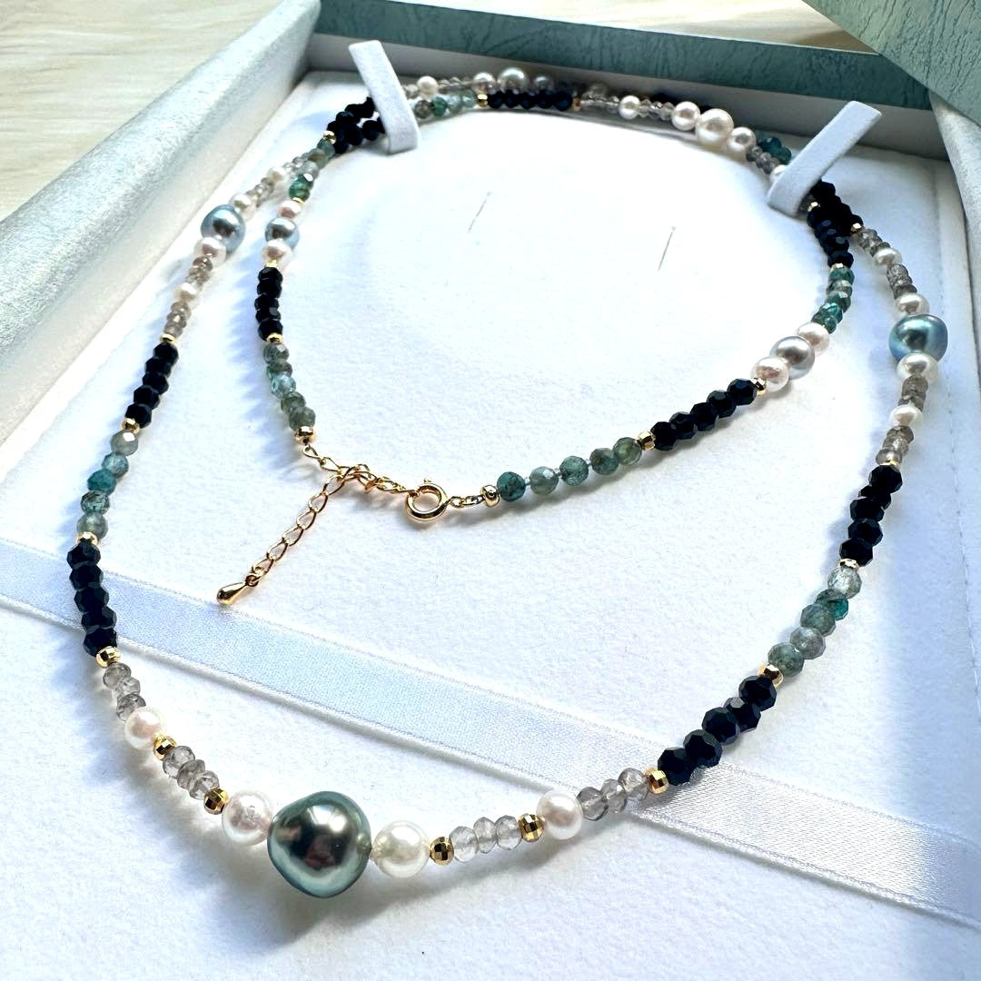 Black butterfly pearl long necklace with Tahitian and Akoya pearls and colorful gemstones on silver gold-plated chain