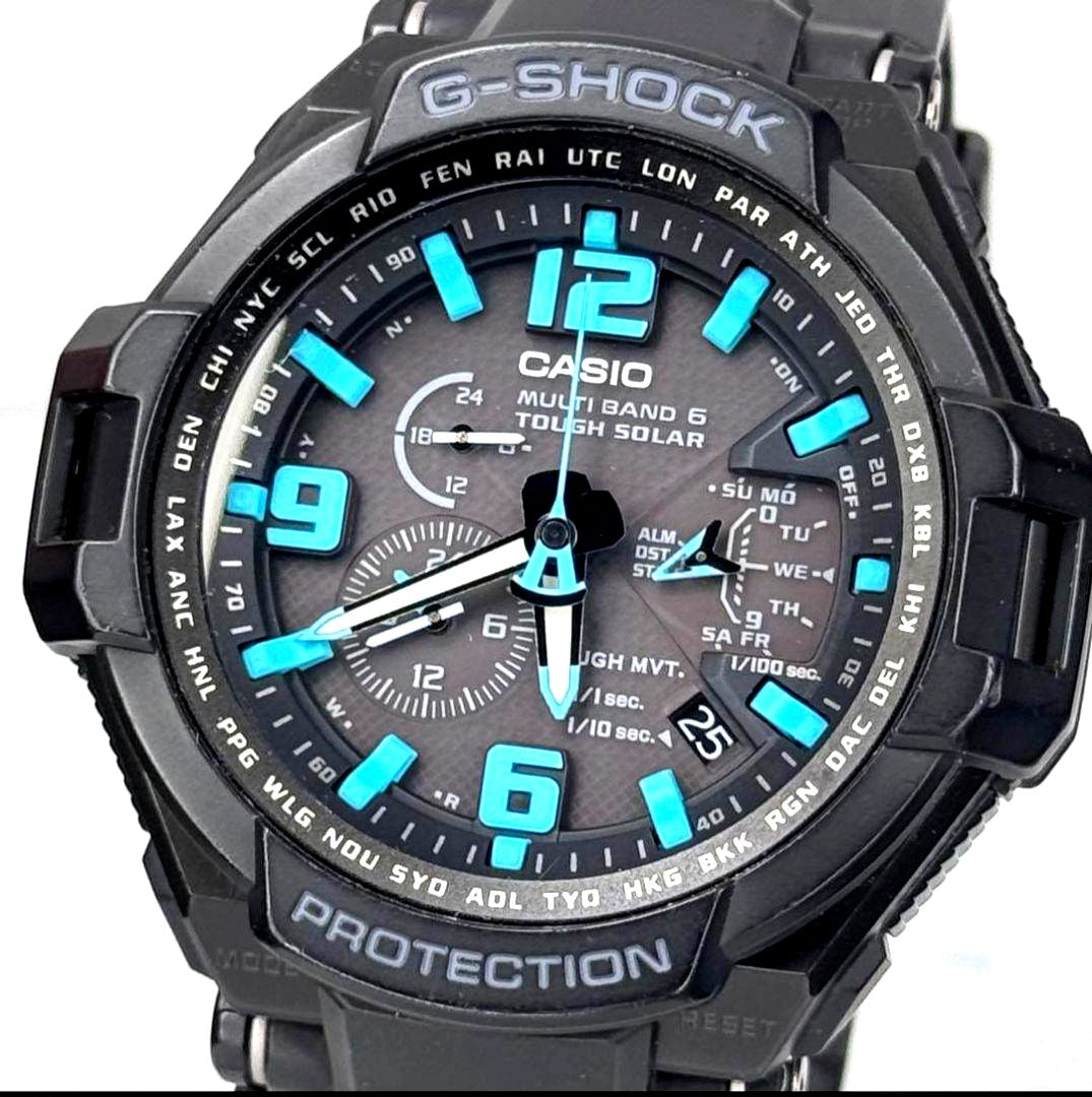 Casio G-Shock GW-4000 watch with black body and blue accents, featuring Multi Band 6 and Tough Solar technology