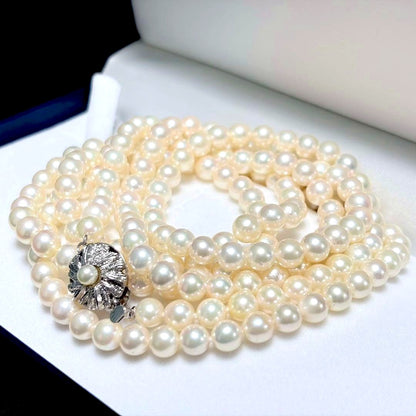 Honmon Pearl Akoya white pearl long necklace 6.6-6.9mm pearls with silver fastener, 127cm length