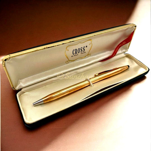 Cross 14KGF Old Logo vintage ballpoint pen with blue ink refill, shown with box and guarantee certificate