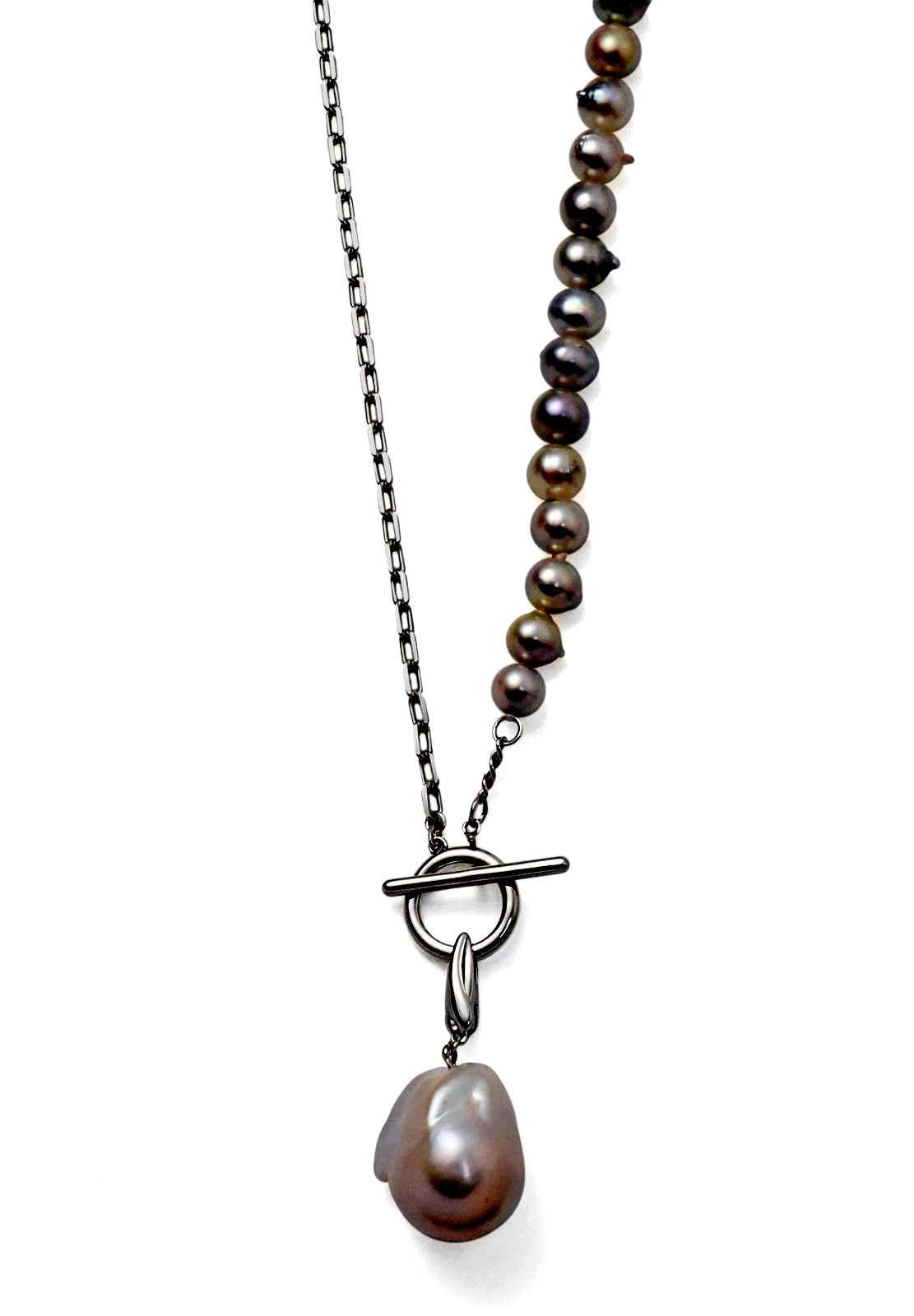 Akoya true pearl necklace with mixed color 6-8mm pearls and silver chain semi-long design