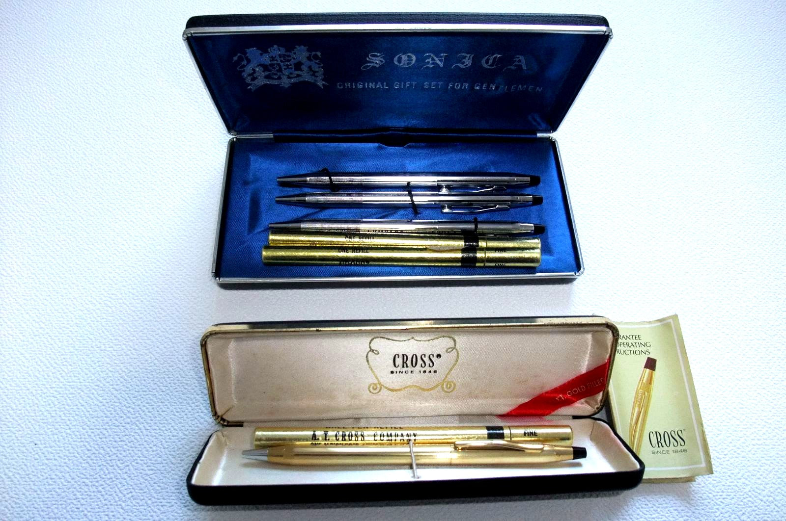 CROSS Ballpoint Pen 2 Types Set featuring gold plated and steel pens with included ink refills
