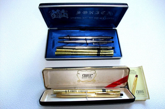CROSS Ballpoint Pen 2 Types Set featuring gold plated and steel pens with included ink refills