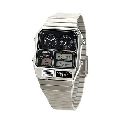 Citizen Record Label ANA-DIGI TEMP watch model JG2101-78E with black LCD dial and silver stainless steel band