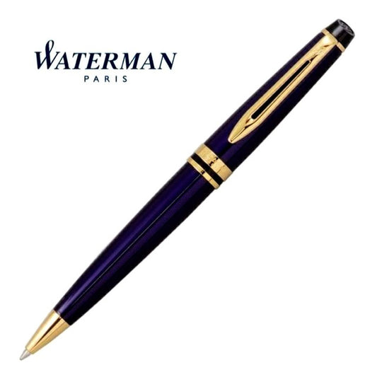 Waterman Expert Essential Blue Cyan Blue GT ballpoint pen with brass lacquered body and 23K gold plate trim
