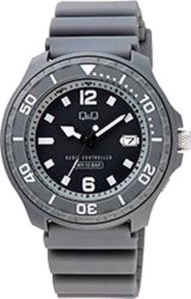 Citizen Q&Q gray analog solar radio wave wristwatch with urethane band and 10 bar water resistance