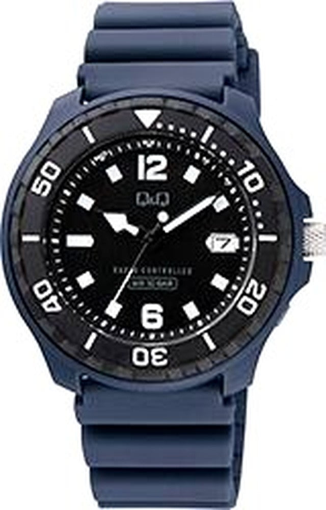 Citizen Q&Q analog solar radio wave watch with blue urethane band and stainless steel back cover