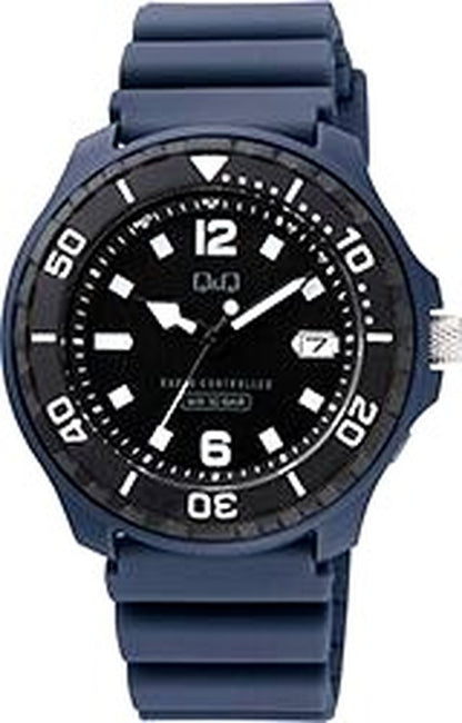 Citizen Q&Q analog solar radio wave watch with blue urethane band and stainless steel back cover