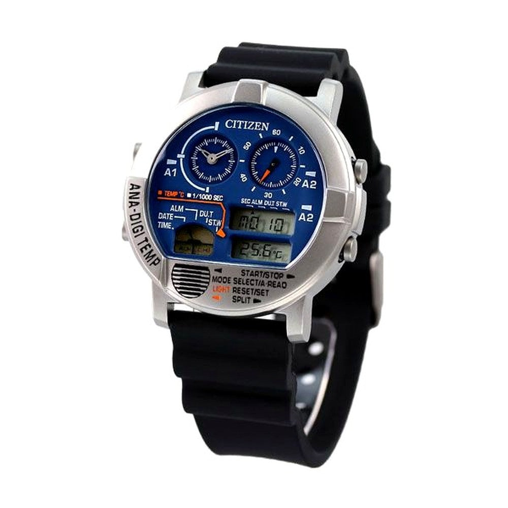 Citizen Ana-Digi Temp 44mm watch with blue dial, black urethane band, stainless steel case, and LCD display