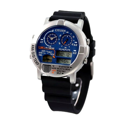 Citizen Ana-Digi Temp 44mm watch with blue dial, black urethane band, stainless steel case, and LCD display