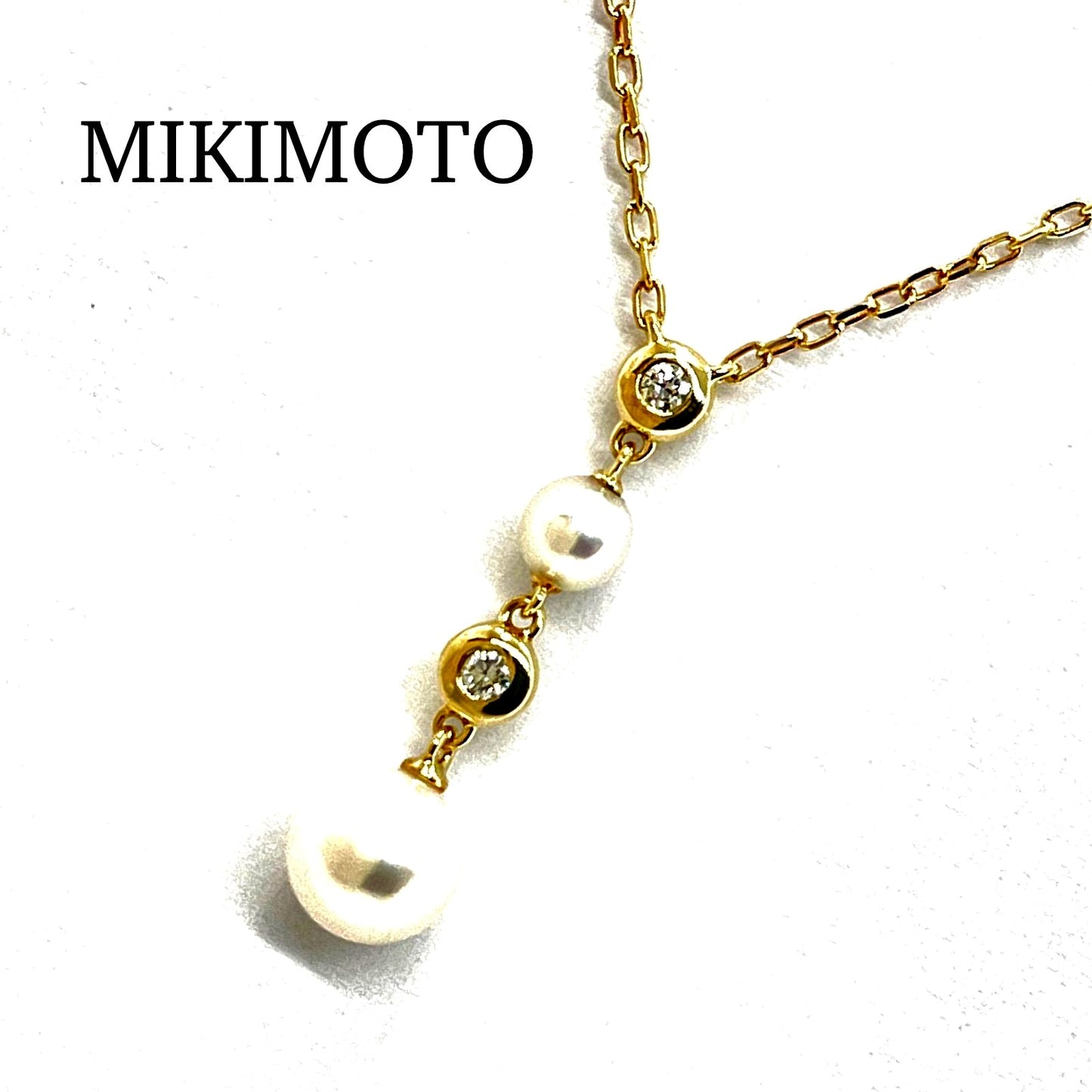 MIKIMOTO pearl diamond necklace in yellow gold with 4.1mm and 6.4mm pearls on 40cm chain