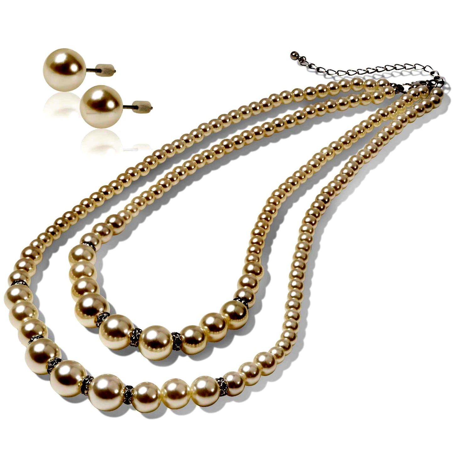 LunArts double strand pearl necklace set with matching earrings featuring 8mm high-quality imitation pearls