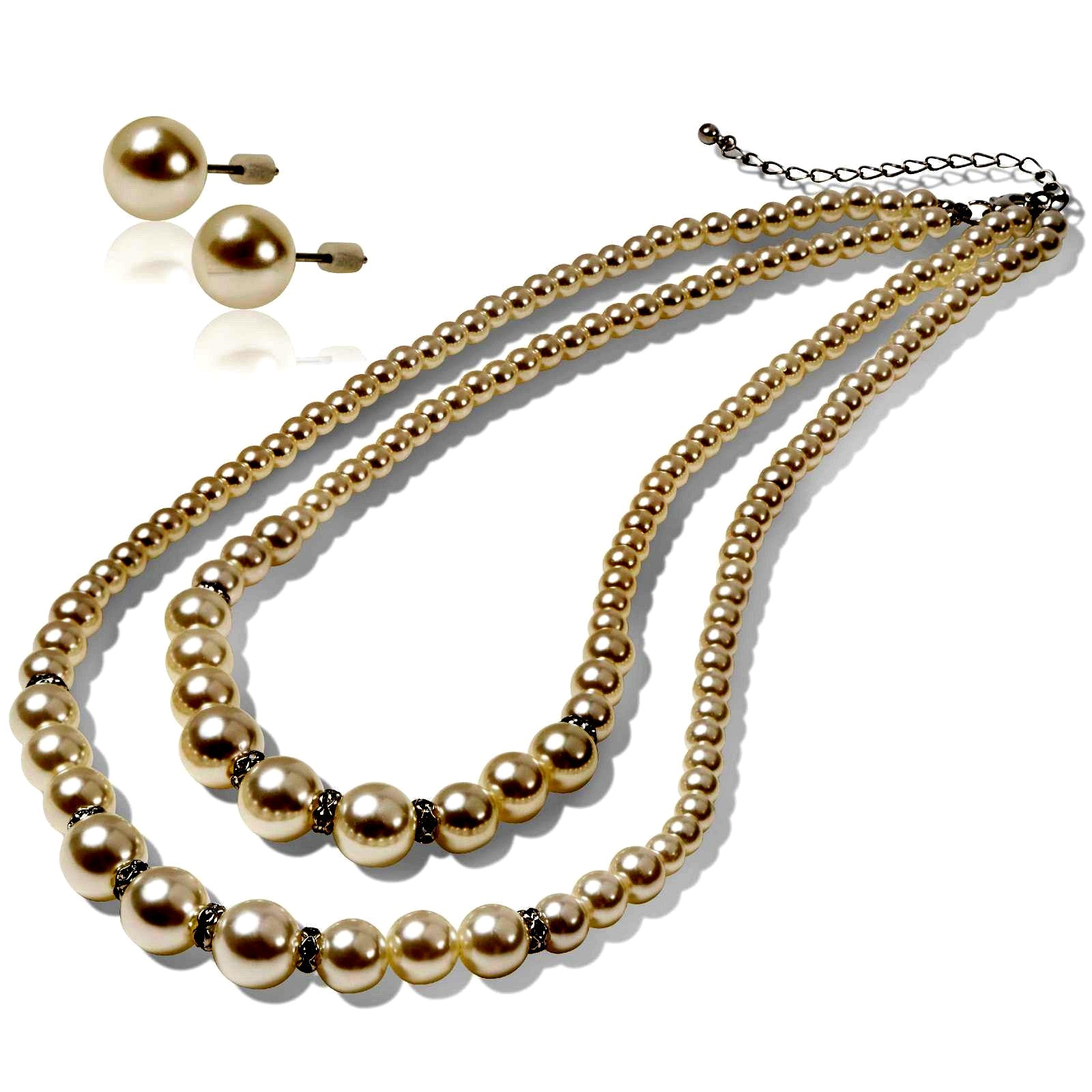 LunArts double strand pearl necklace set with matching earrings featuring 8mm high-quality imitation pearls