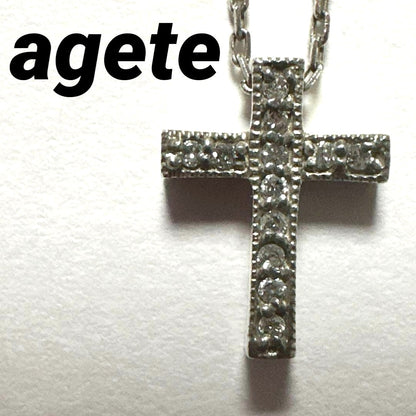 Agete silver cross necklace with 0.12ct diamond pendant and adjustable chain 35-39.5cm