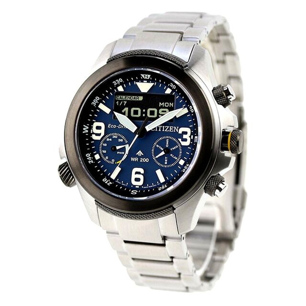 Citizen Promaster Land 35th Anniversary limited model watch JV1006-51L with black and blue dial and silver stainless steel band