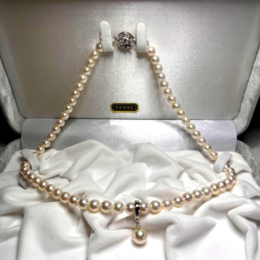 Akoya genuine pearl necklace with 6.0-6.5mm white blue pearls and silver clasp, 42cm length