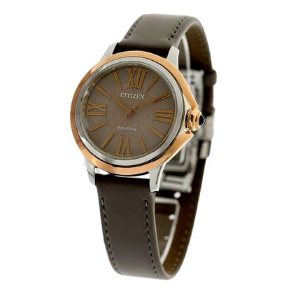 Citizen L ladies watch EM1166-01Z with gray dial, pink gold stainless steel case, and gray synthetic leather band