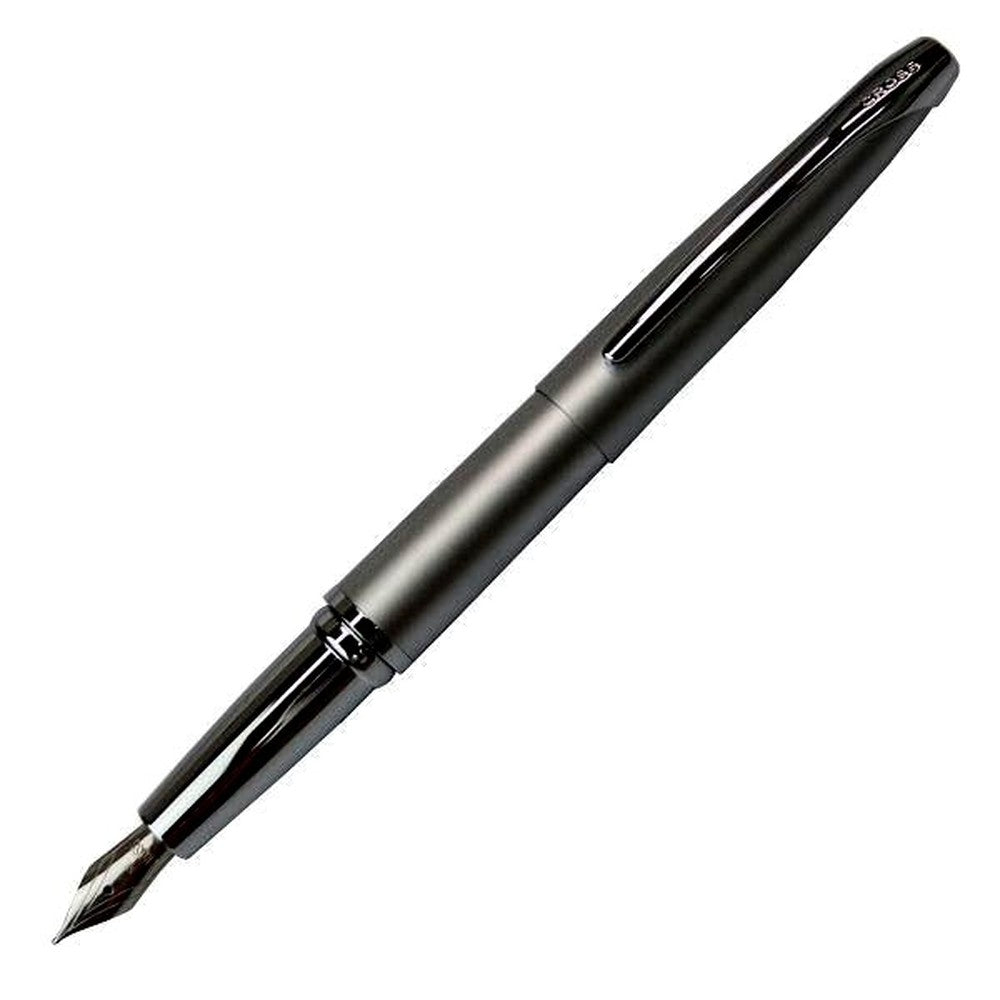 Cross ATX Matte Chrome fountain pen with fine nib, closed and open length shown, sleek silver finish