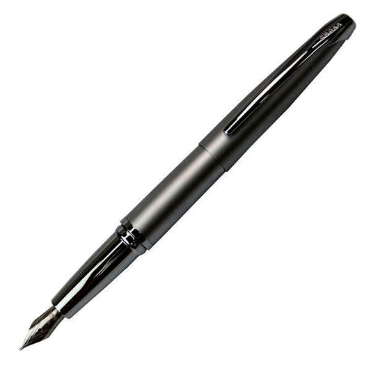 Cross ATX Matte Chrome fountain pen with fine nib, closed and open length shown, sleek silver finish
