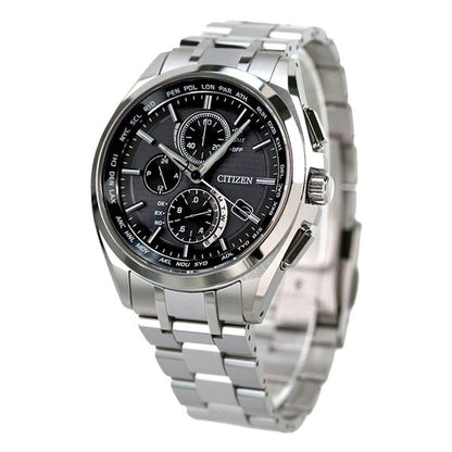 Citizen Attesa AT8040-57E watch with black dial and silver titanium band on a white background