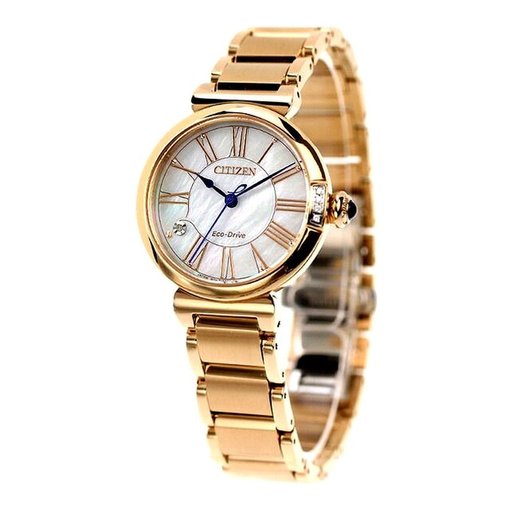 Citizen L ladies watch EM1063-89D with shell dial and warm gold stainless steel case and band