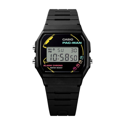 Casio Classic F-91WPC-1AJR PAC-MAN collaboration watch with colorful neon PAC-MAN and ghost graphics