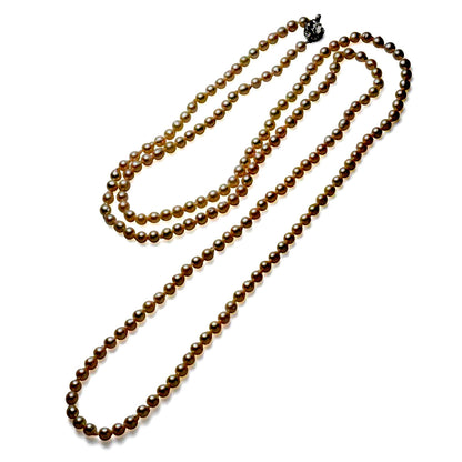 Akoya cultured pearl 5.5-6mm baroque shape long 120cm necklace with silver clasp on white background