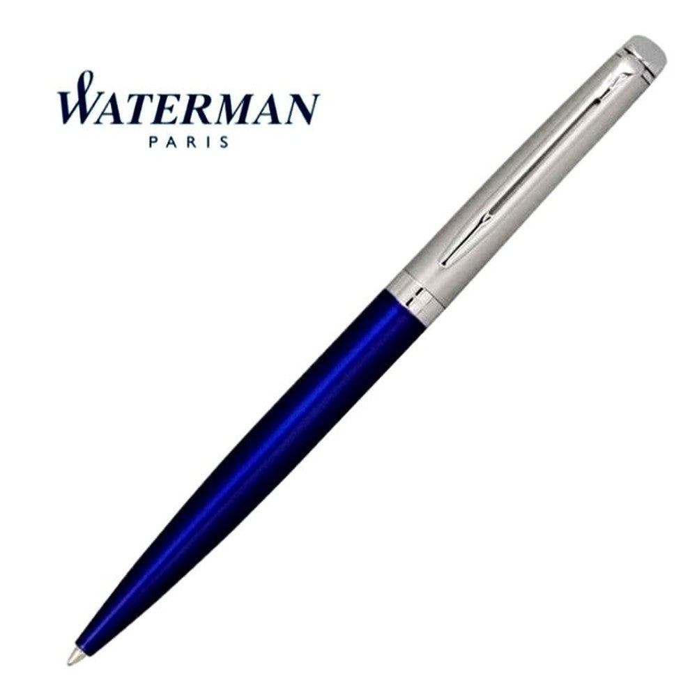 WATERMAN Metropolitan Essential Satin Blue CT ballpoint pen displayed with box and warranty