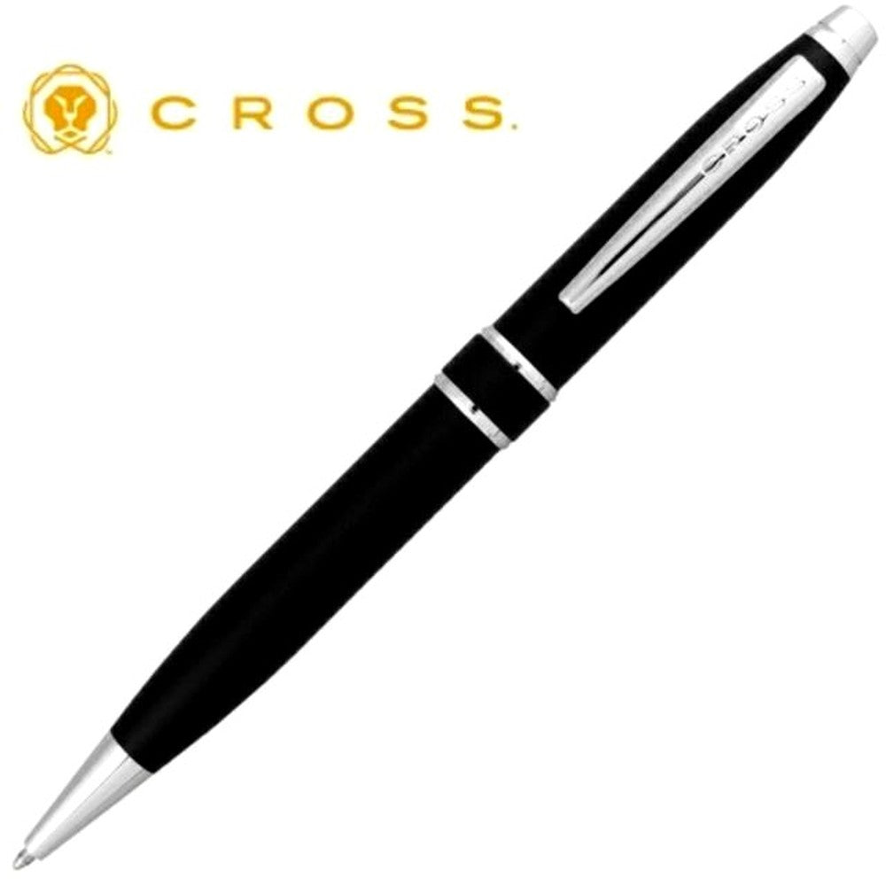 CROSS Strafford Satin Black ballpoint pen with brass body and chrome coating shown on white background