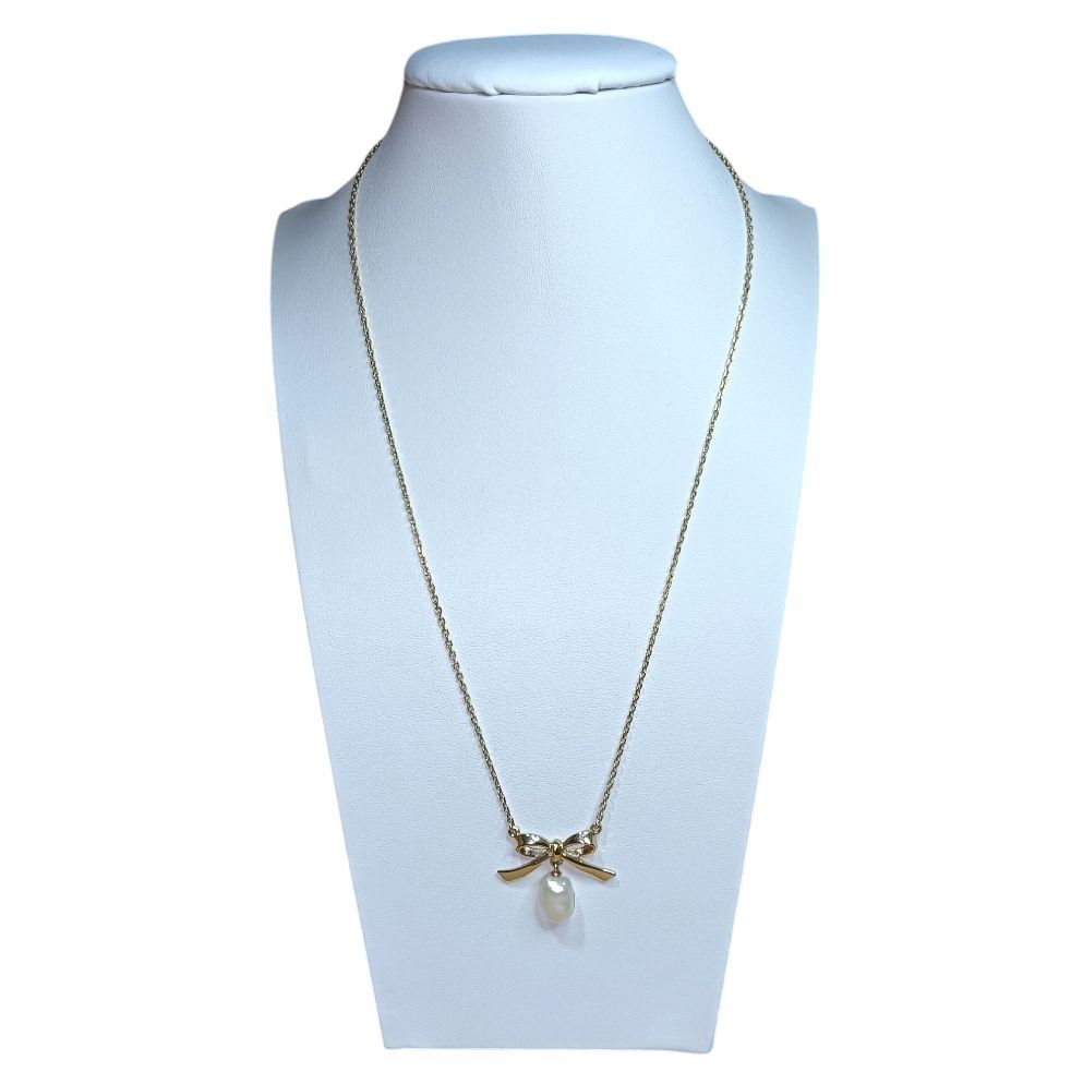 Mikimoto K14 gold necklace with ribbon motif and pearl charm, 37cm length