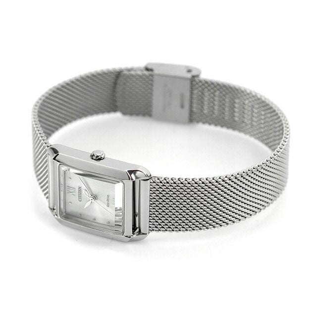 Citizen EW5590-62A ladies wristwatch with white square dial, silver stainless steel mesh band, and stainless steel case